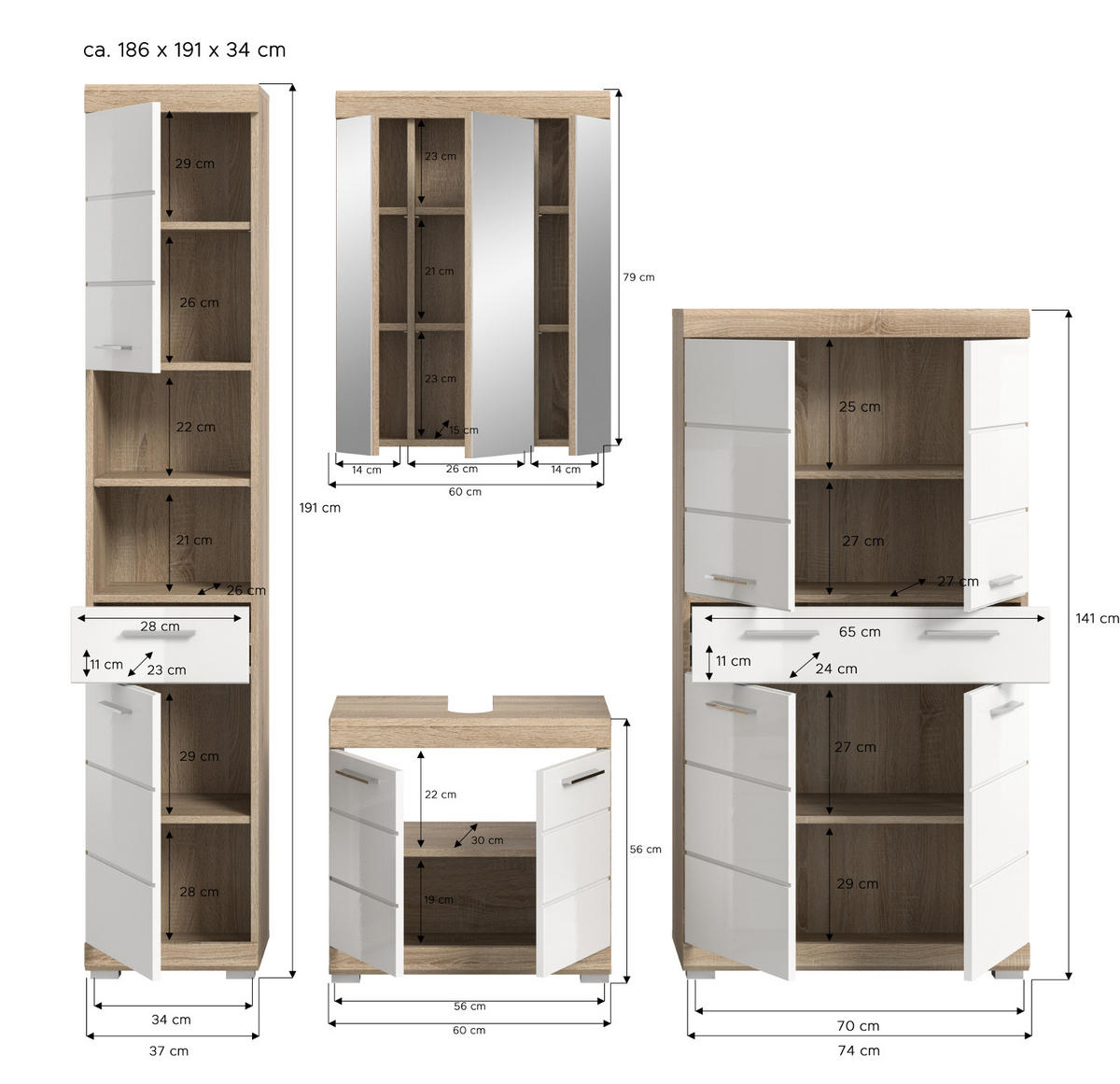 BADMÖBEL-SET weiß Hochglanz, Eiche 4-teilig 186 cm, viel Stauraum - Weiß Hochglanz/Eichefarben, Holzwerkstoff (186/191/34cm) - Inn.Furn
