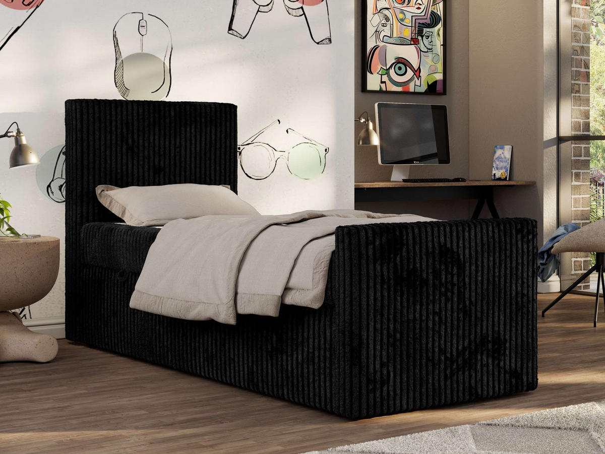 JUGENDBETT TILIO DUO 90/200 - Schwarz Cord - H4 - Links Seite - Schwarz, Textil (90/200cm) - MKS