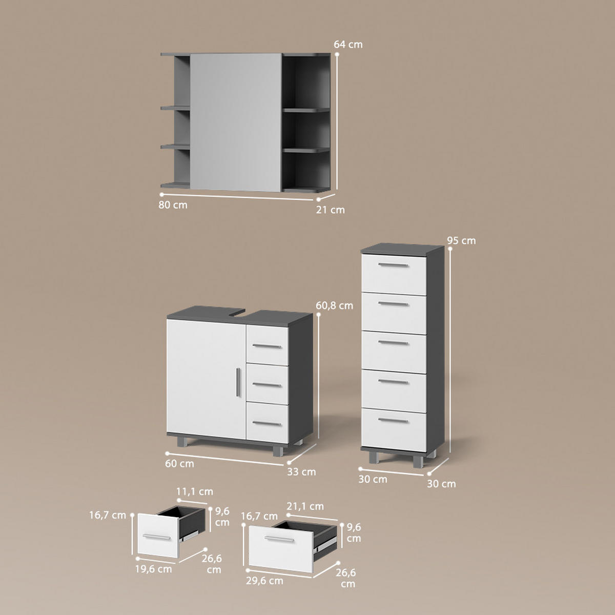 BADMÖBEL-SET Eisak Anthrazit 3 Teile, mit Midischrank - Anthrazit/Weiß, Holzwerkstoff (60/60/33cm) - Livinity®