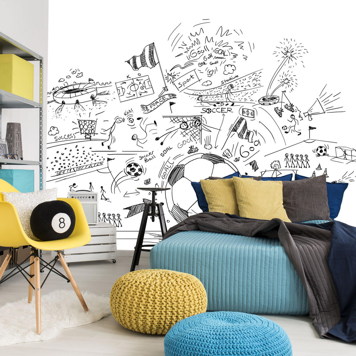 FOTOTAPETE für Kinderzimmer Fußball Skizzen Tor Stadion Sport 450x315 - Schwarz/Weiß, Papier (450/315cm) - Muralo