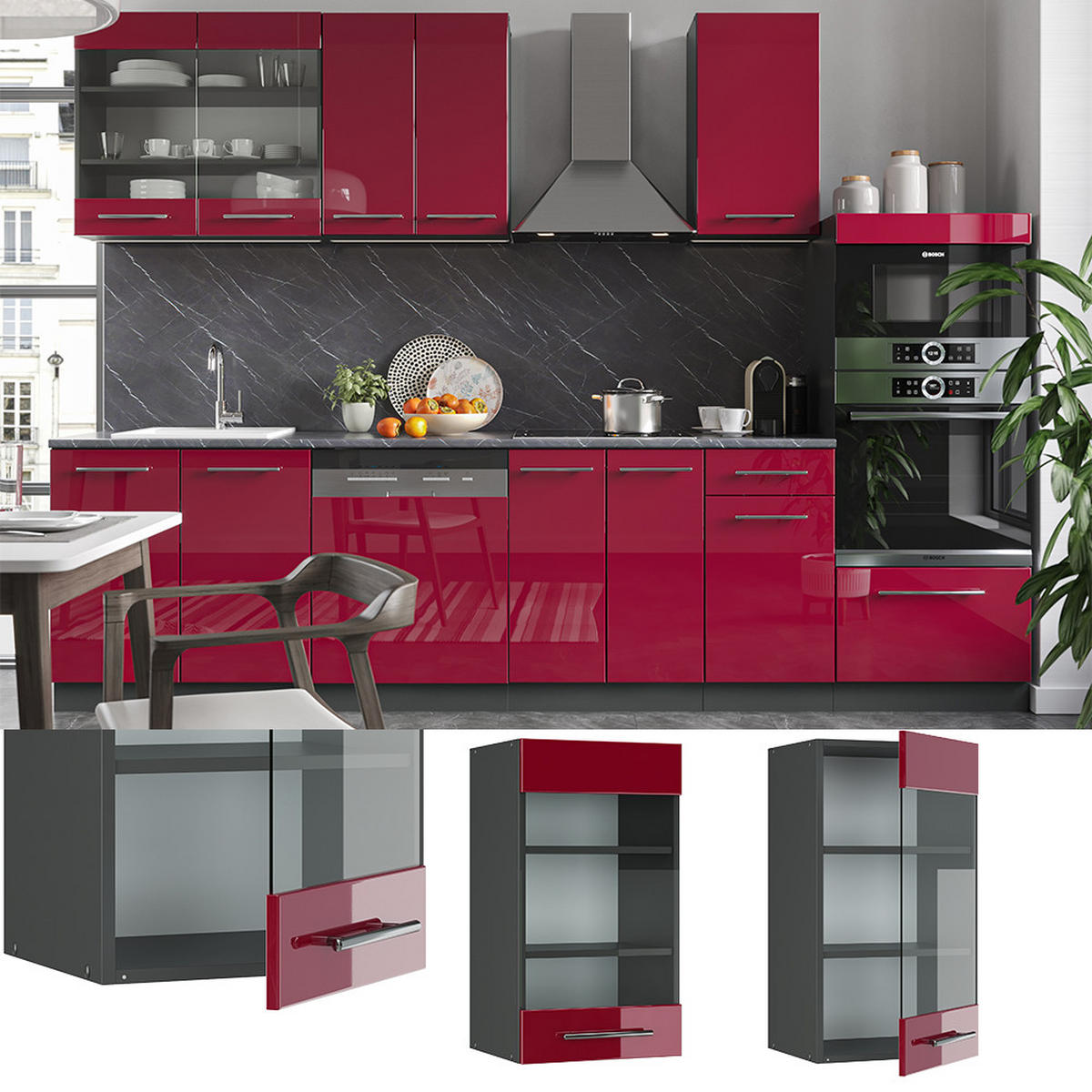 KÜCHENGLASSCHRANK Fame-Line Bordeaux Hochglanz 40 cm - Bordeaux/Anthrazit, Holzwerkstoff (40/72/34.1cm) - Vicco