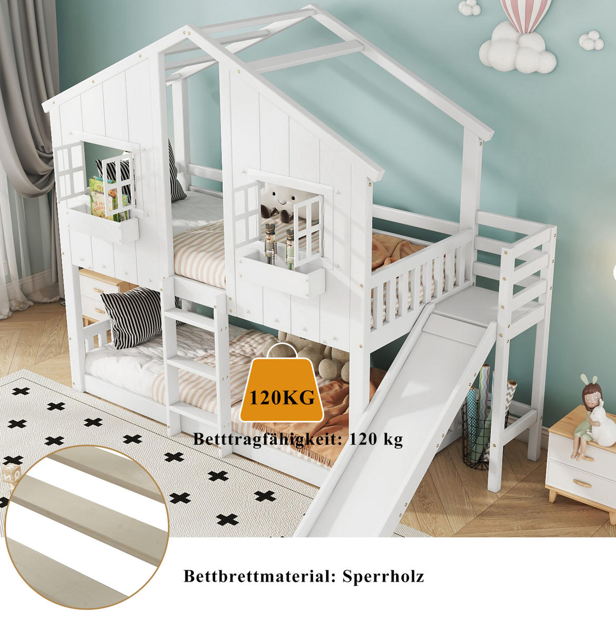 HAUSBETT 90/200 cm in Weiß/Natur mit Rutsche, Dach und Fenstern - Weiß, Holz (90/200cm) - Flora Grace