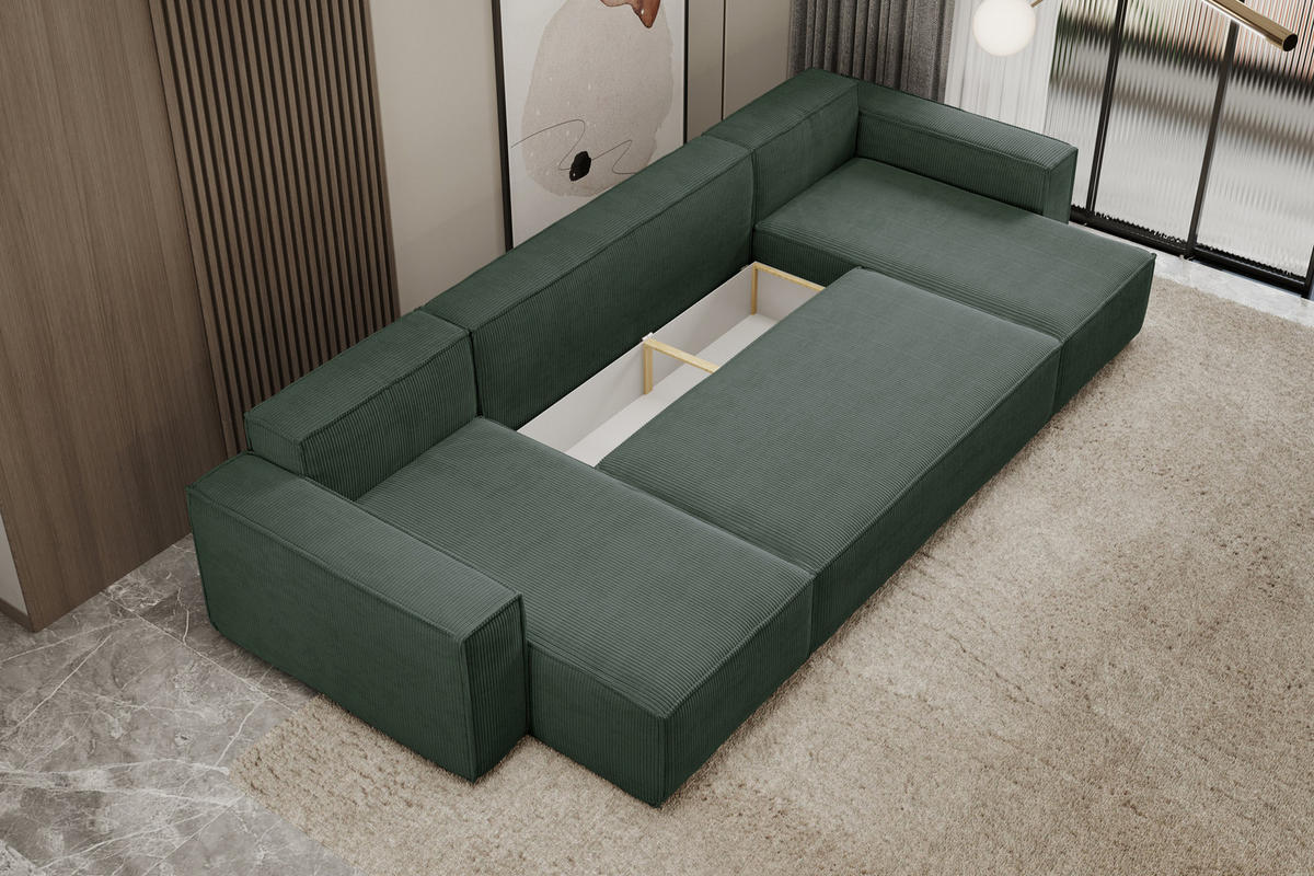 WOHNLANDSCHAFT Hugo U-Form Cordstoff mit Schlaffunktion und Bettkasten - Grün, Textil (312/83/142cm) - VENASI MÖBEL