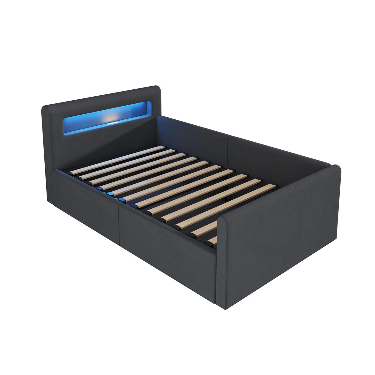 POLSTERBETT Kinderbett 90/200 cm Dunkelgrau mit LED-Licht und Hydraulischem Stauraum aus Samt - Grau, Textil (90/200cm) - OKWISH