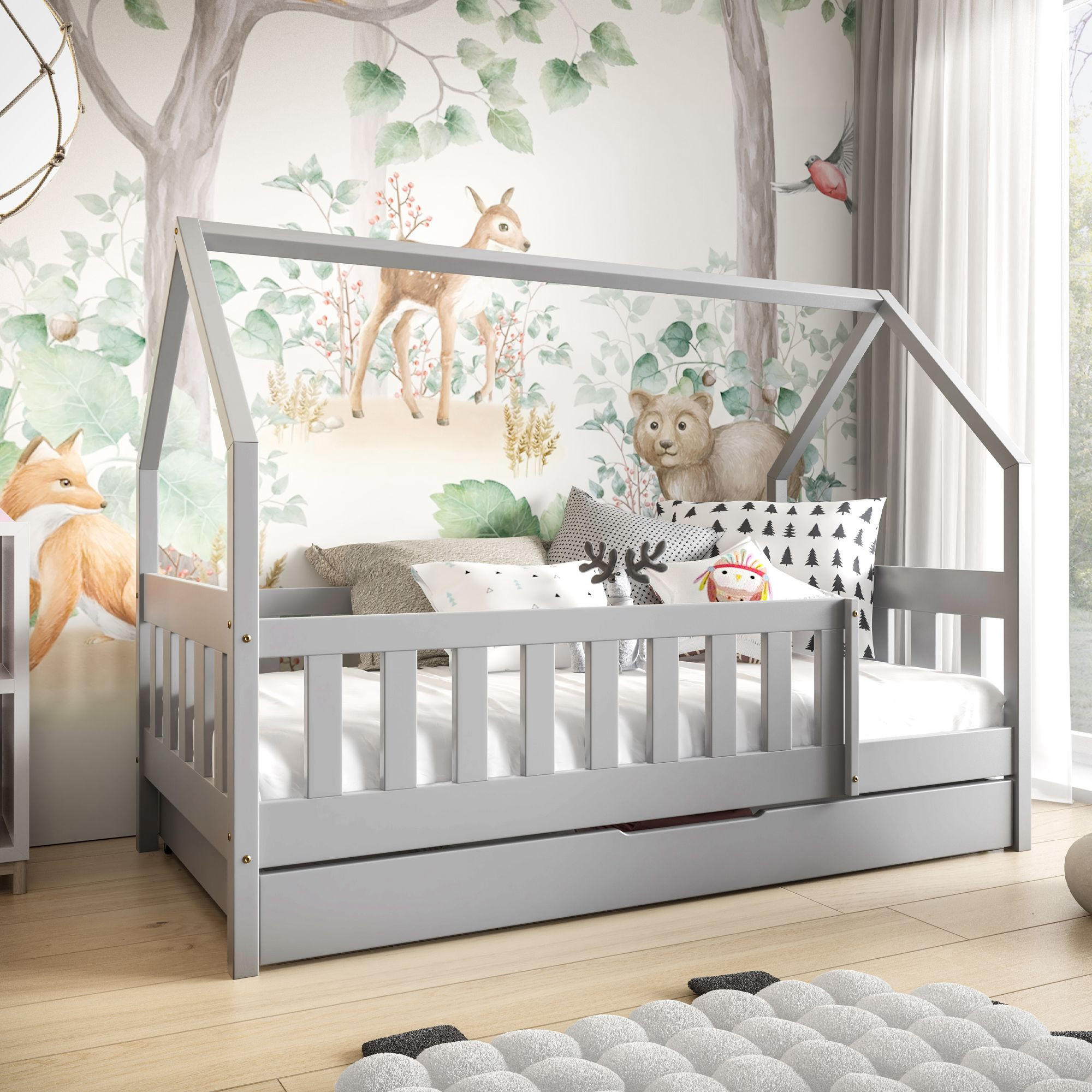 KINDERBETT Holzbett LUMBE, Hausform - Grau, Holz (80/160cm) - KONSIMO®