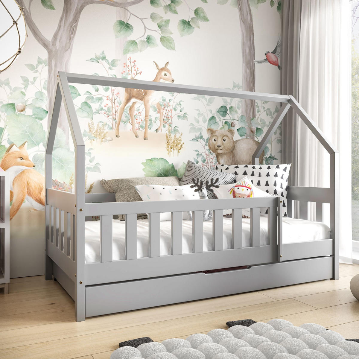 KINDERBETT Holzbett LUMBE, Hausform - Grau, Holz (80/190cm) - KONSIMO®