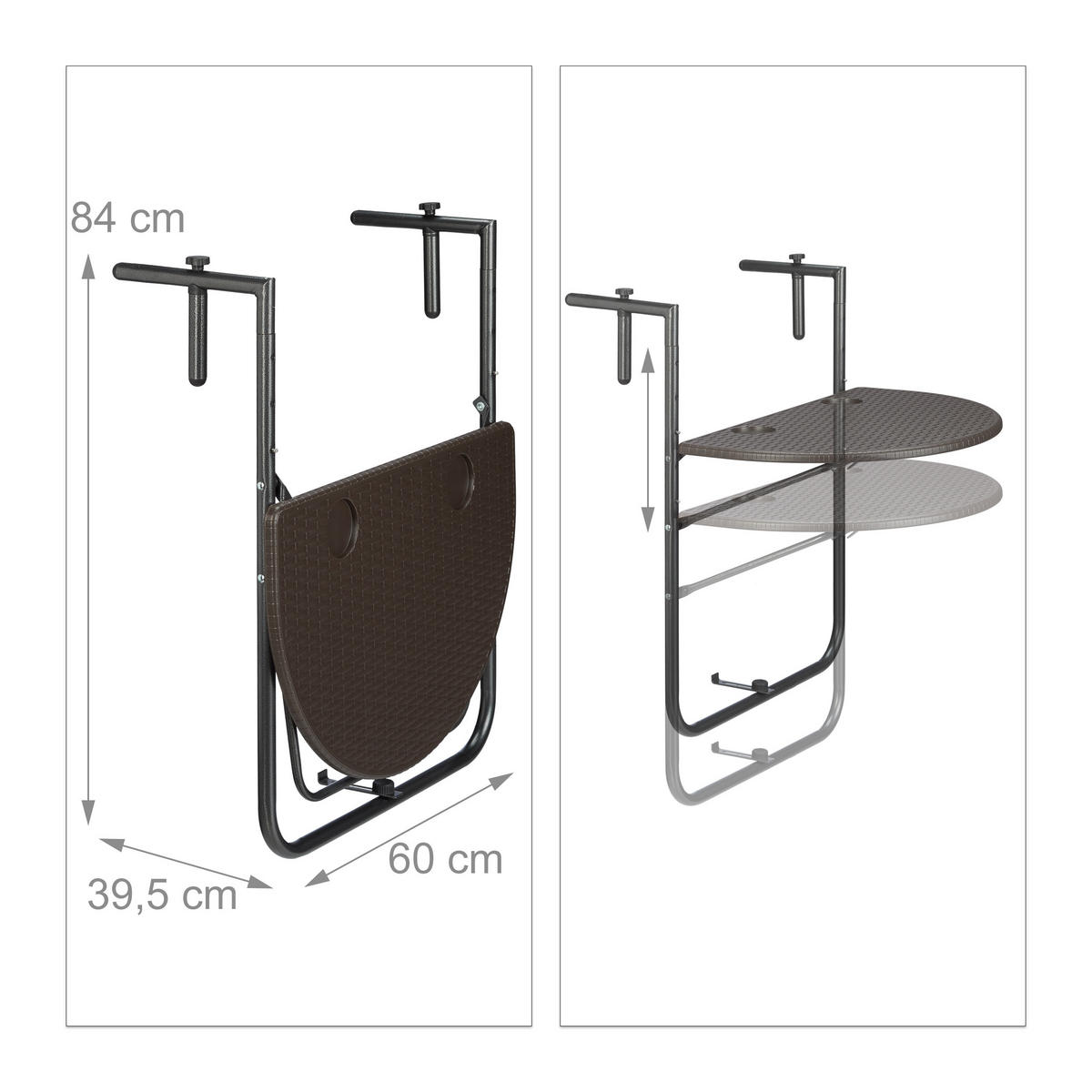 BALKONHÄNGETISCH - Braun, Kunststoff/Metall (63/60/84cm) - Relaxdays