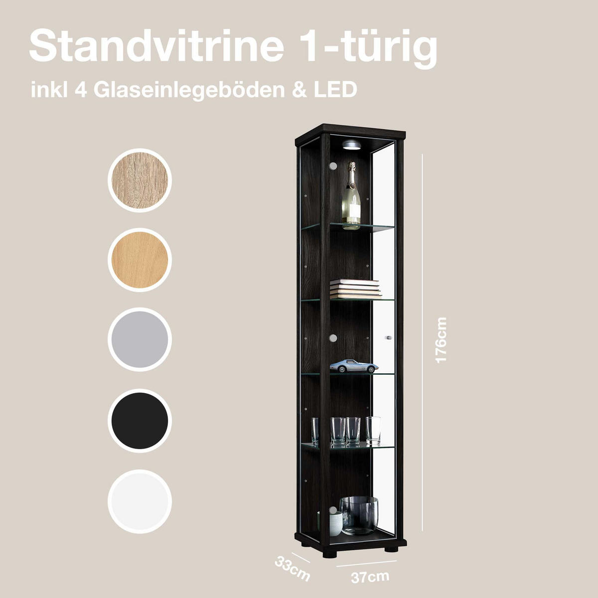 GLASVITRINE 33/37/176 cm mit LED & 4 höhenverstellbaren Glasböden - Transparent/Silberfarben, Glas/Holzwerkstoff (37/176/33cm) - K-Möbel
