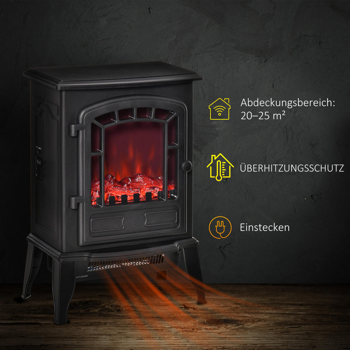 ELEKTROKAMIN Elektrischer Kamin mit Heizung, LED-Flammeneffekt, Schwarz - Schwarz, Kunststoff (24/56.5/39cm) - HOMCOM