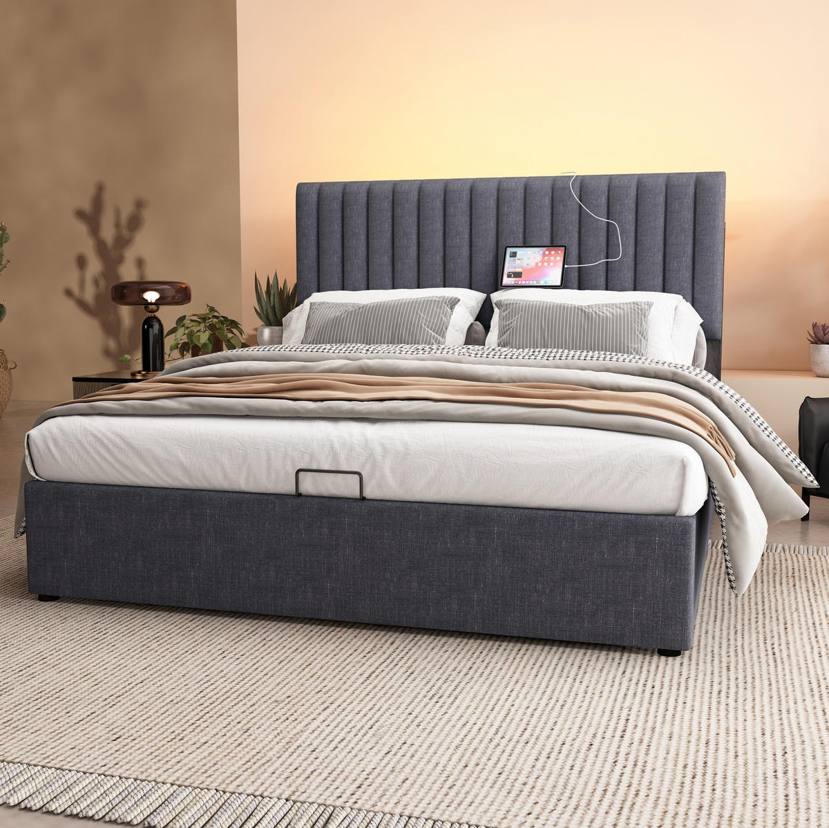 POLSTERBETT aus Leinen 160x200 cm in Grau mit Matratze, LED & USB-C - Grau, Textil (160/200cm) - Modfu