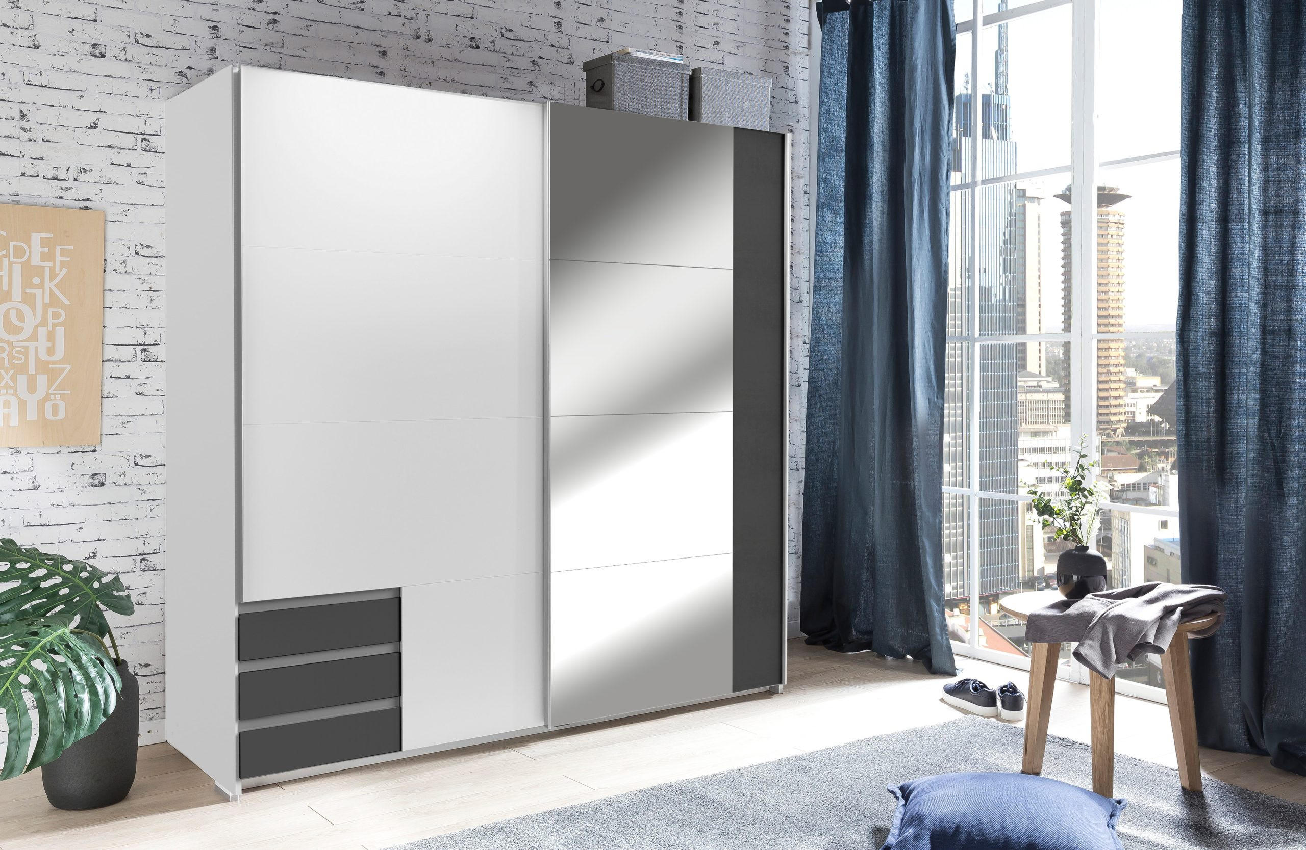 KLEIDERSCHRANK Emden in Weiß mit Graphit - Schwebetürenschrank Breite 179 cm mit Spiegel - Weiß, Holzwerkstoff (179/198/65cm)