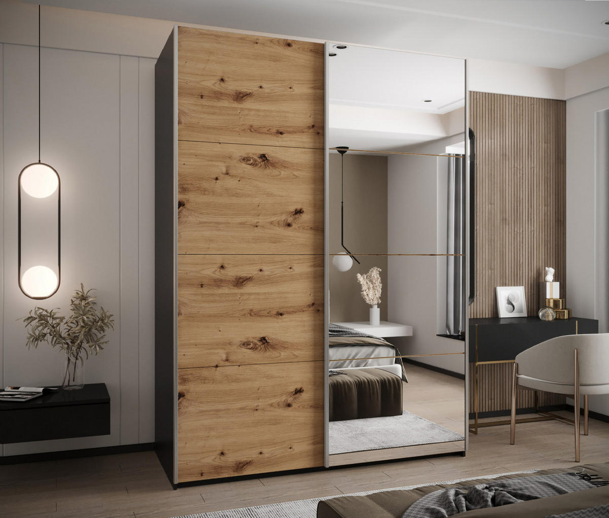 SCHWEBETÜRENSCHRANK 245,5/200/64 2-türig - Silberfarben/Schwarz, Holz/Metall (200/245/64cm) - Abiks Möbel