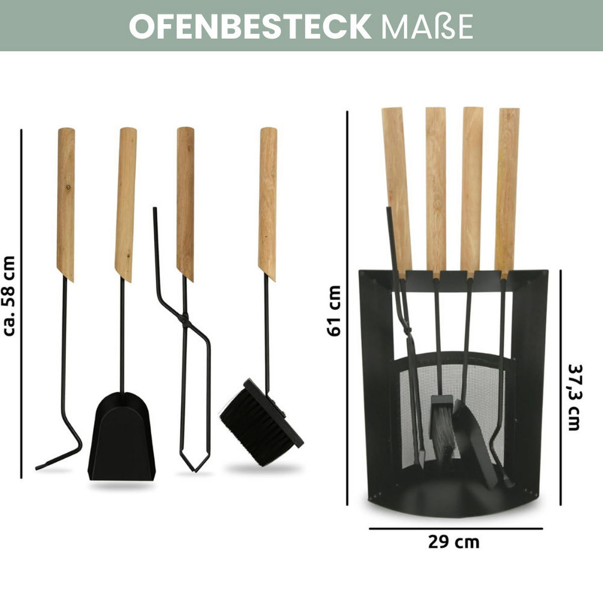 KAMINBESTECK modern THEO 6-tlg. mit Holzgriff Schürhaken Besen Ascheschaufel Schwarz - Schwarz, Metall (29/61/20cm) - DELUKE