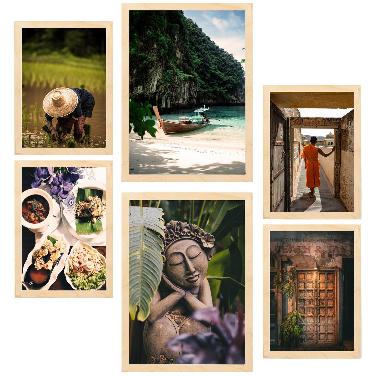 POSTER Set Mit 6 Herbst In Thailand Reisfelder Buddhismus & Kultur A3 & A4 Rahmen Aus Hellem Holz - Beige, Papier (29/3cm) - Nacnic