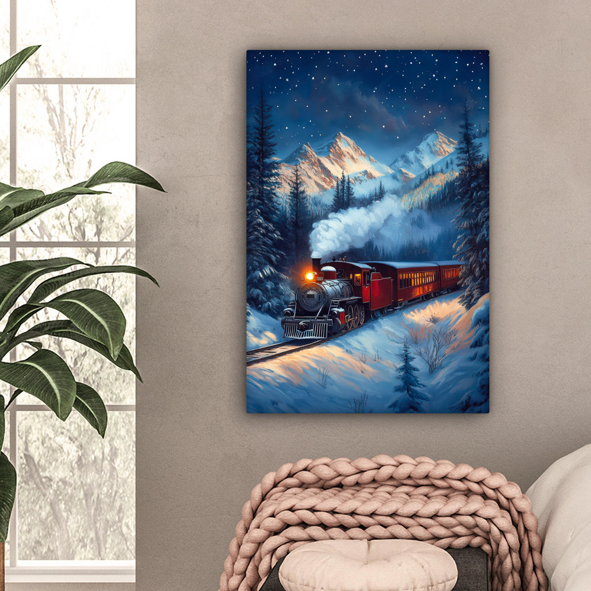 LEINWANDBILD Zug - Weihnachten - Schnee - Weihnachtszug Wanddeko Schlafzimmer 60x90 cm - Anthrazit, Textil (60/90cm) - MuchoWow