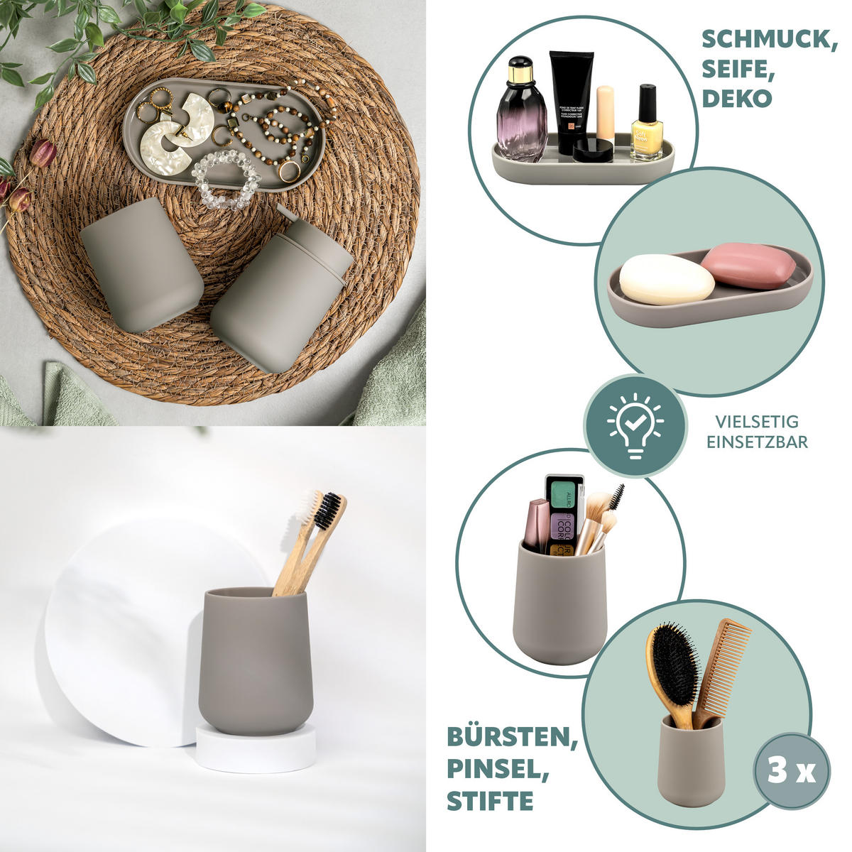 BAD-ACCESSOIRES-SET TESERO 5tlg., Soft-Touch, braun - Braun, Kunststoff (8.5/12/9cm) - eluno