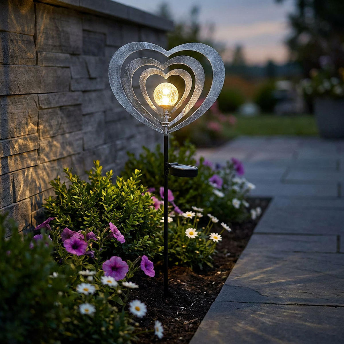 SOLARLEUCHTE Metall silbergrau Herz, LED - Silberfarben, Glas (28/6/82cm) - Globo Lighting