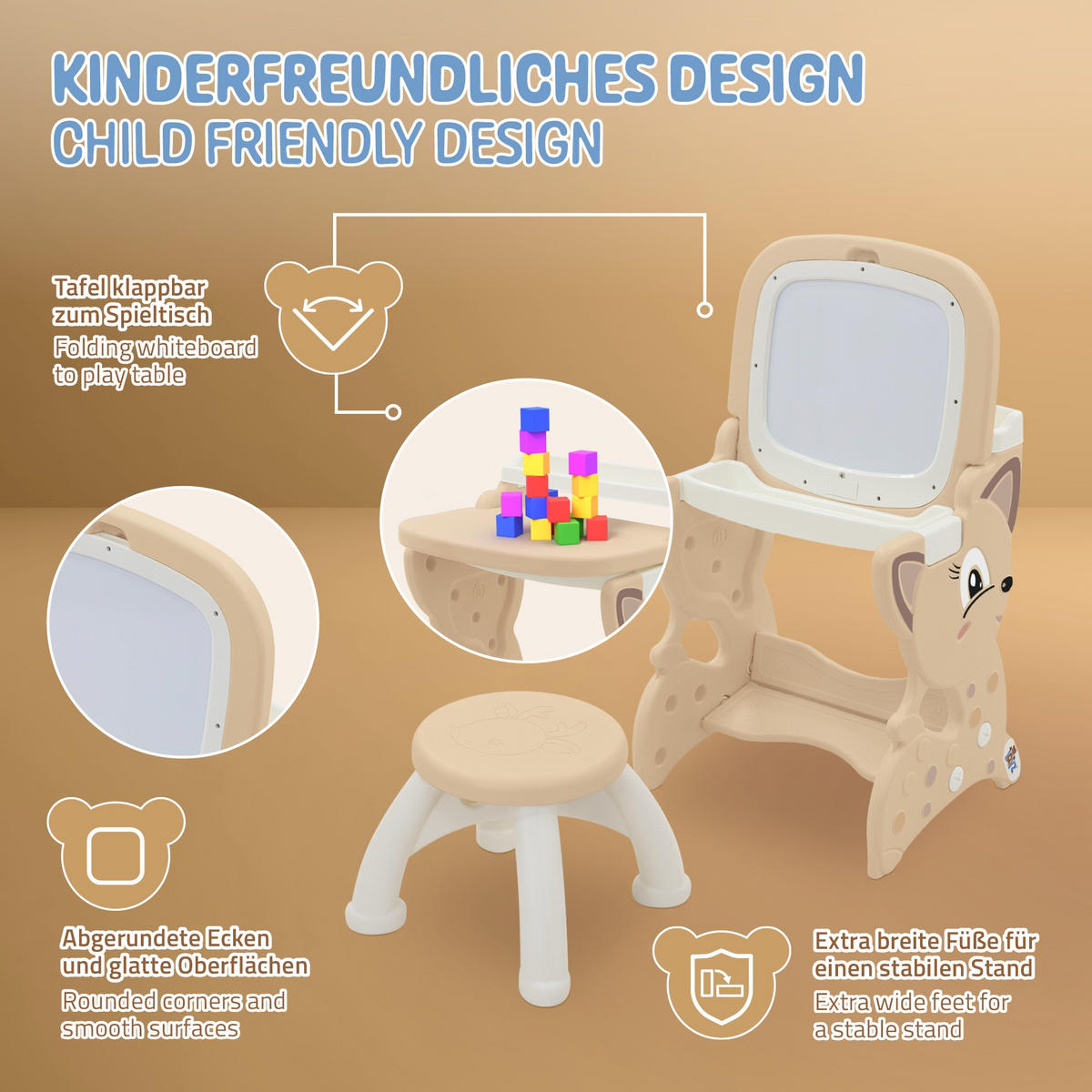 HRACÍ STŮL hnědý s LCD tabulí, dětská stolička a příslušenství - hnědá, plast (41/76/45cm) - Joyz