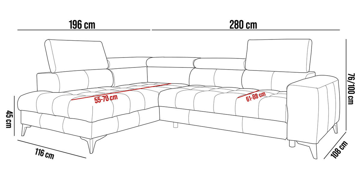ECKSOFA BAGGIO Letto Stoff, Schlaffunktion, Bettkasten, Sitztiefe, Kopfstützen 280x196cm – Rechts – Hellgrün - Hellgrün, Holz/Textil (280/196cm) - DomoHome