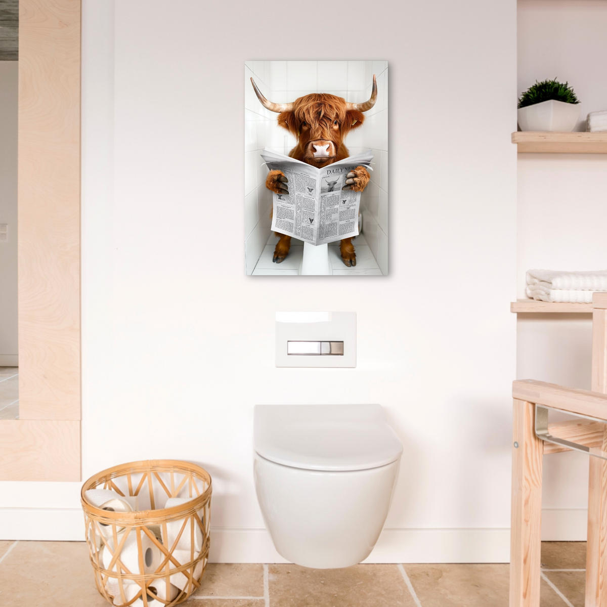 LEINWANDBILD Schottischer Highlander - Tier - Zeitung - Toilette 40x60 cm - Kastanienfarben, Textil (40/60cm) - MuchoWow