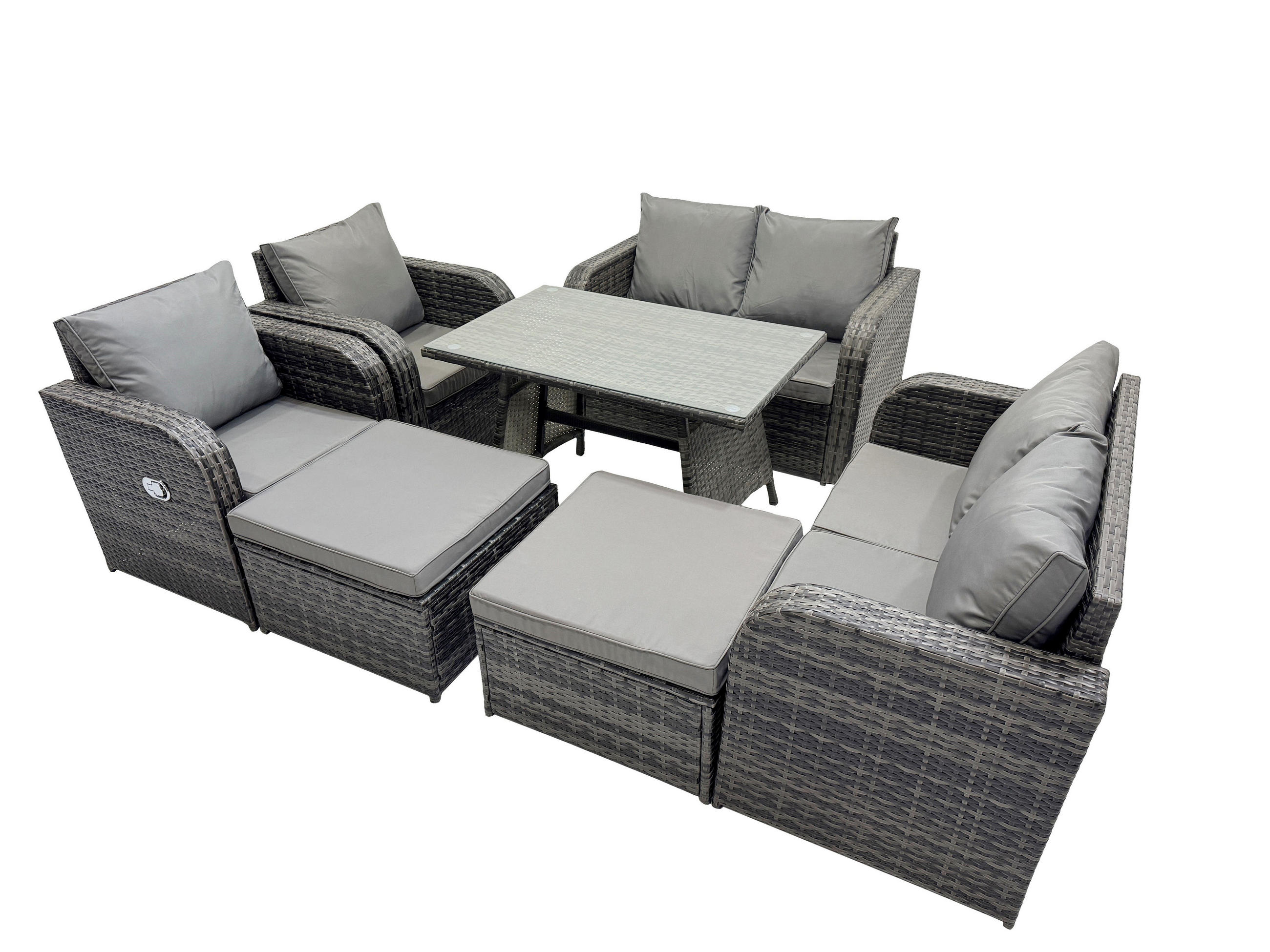 GARTENMÖBELSET mit ESSTISCH,SOFA Polyrattan 8-Sitzer - Dunkelgrau/Grau, Glas/Kunststoff - Fimous