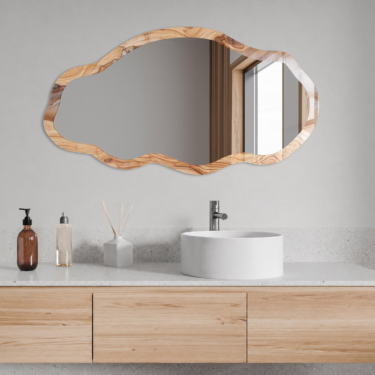 SPIEGEL 90x45 cm asymmetrisch mit Druck - Holzmuster - Transparent, Glas (45/90/0.4cm) - TULUP