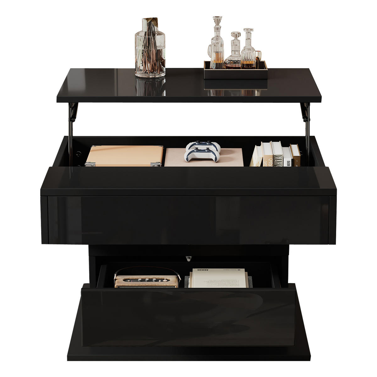 COUCHTISCH 70/70 cm Schwarz mit hochklappbarer Tischplatte, 1 Schublade und Drehfunktion - Schwarz, Holzwerkstoff (70/70/45cm) - OKWISH