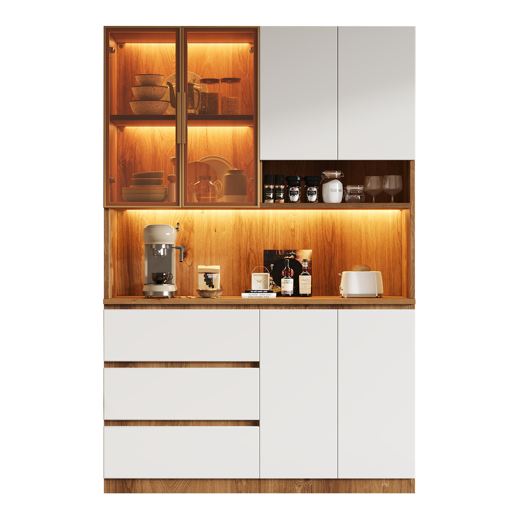 BUFFET SCHRANK LED 6 Türen 3 Schubladen 180cm Weiß - Weiß, Glas (120.5/180/40cm) - FLIEKS