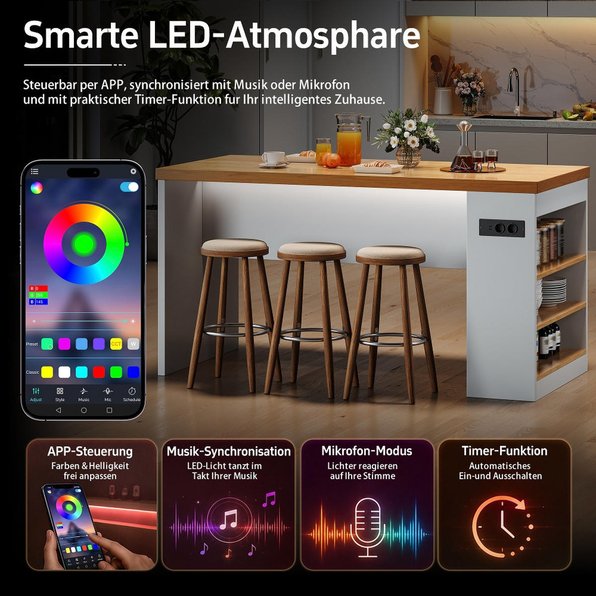 KÜCHENINSEL mit LED, 40mm Arbeitsplatte, Steckdose & USB, 3 Ablagen, 155/80/90 cm - Weiß, Kunststoff (80/90/155cm) - Rolipo
