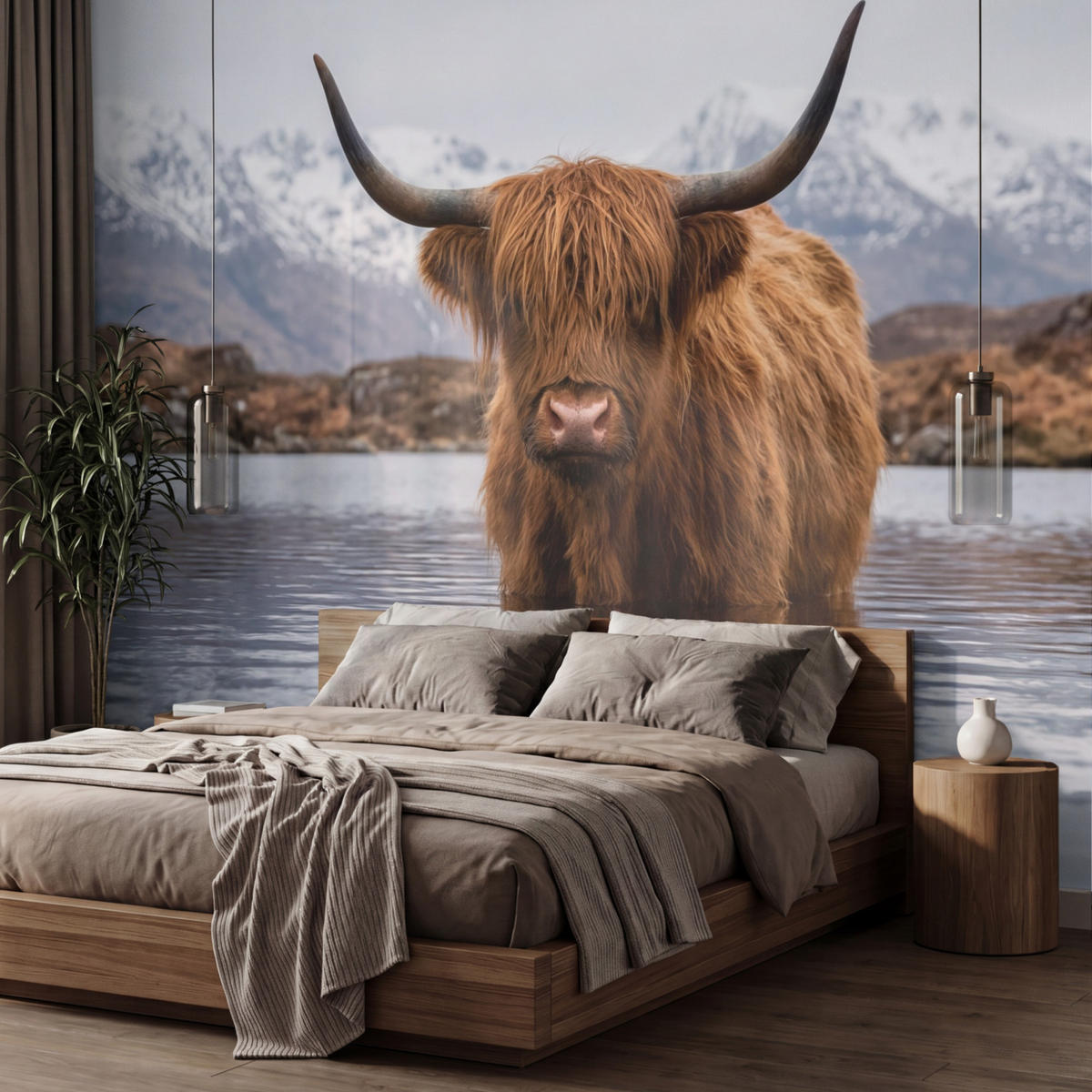 TAPETE - Schottischer Hochländer - Braun - Wasser - 400x280 cm - Braun, Papier (400/280cm) - OnlyWow