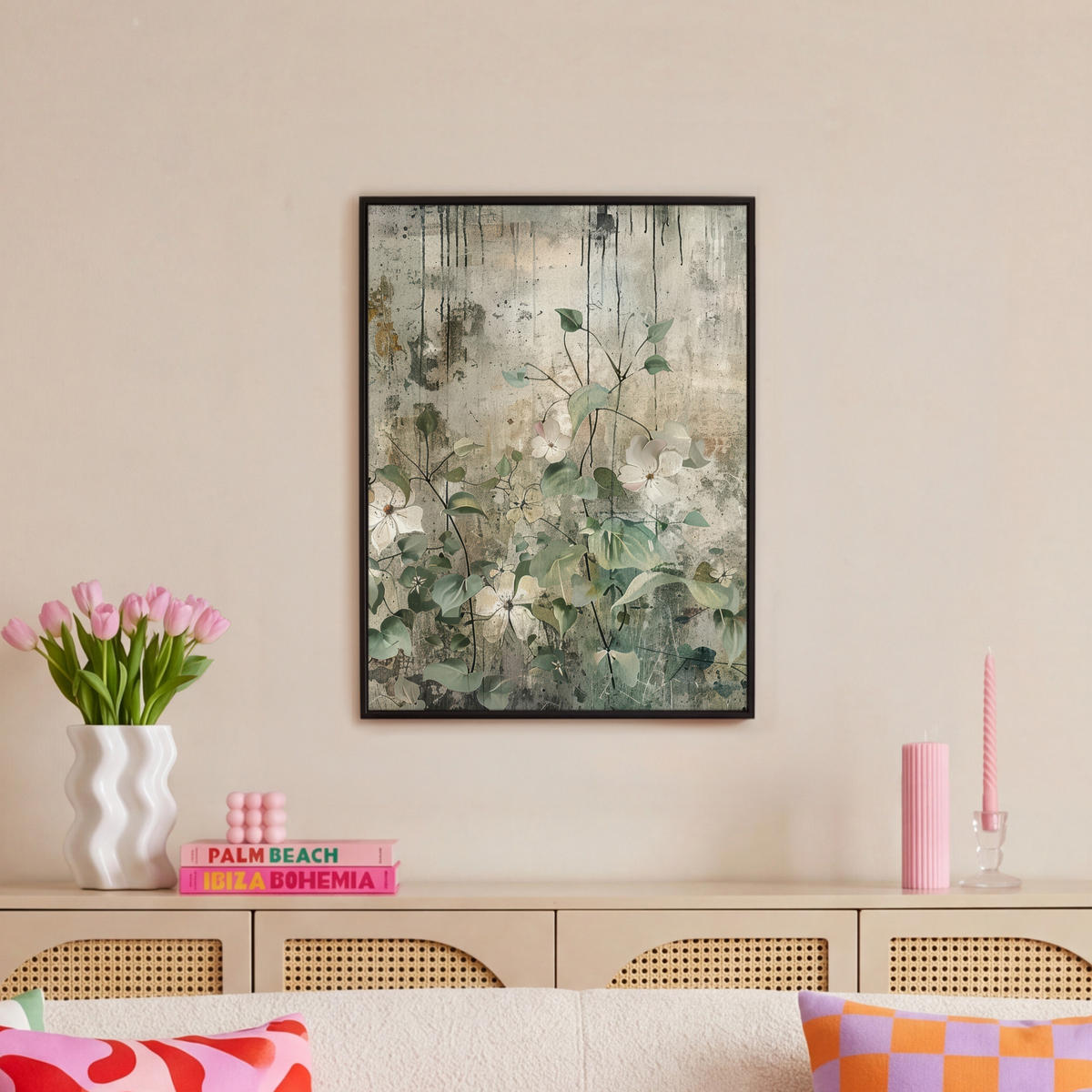 LEINWAND Bilder mit Rahmen - Blumen - Blätter - Abstrakt - Modern - 60x80 - Grau, Textil (60/80cm) - MuchoWow