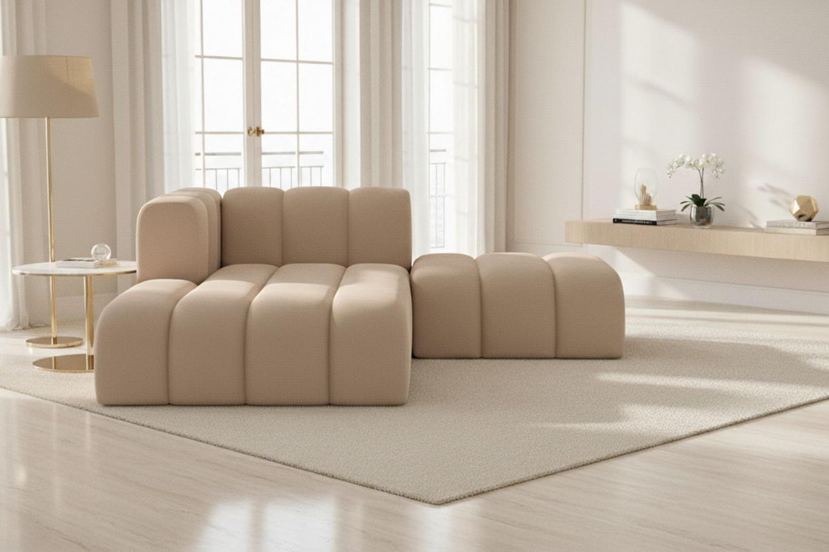 CHAISELONGUE Mit Hocker Grand, Veloursstoff Salvador, Beige, Links - Beige, Holz (204/179cm) - Kaiser Möbel