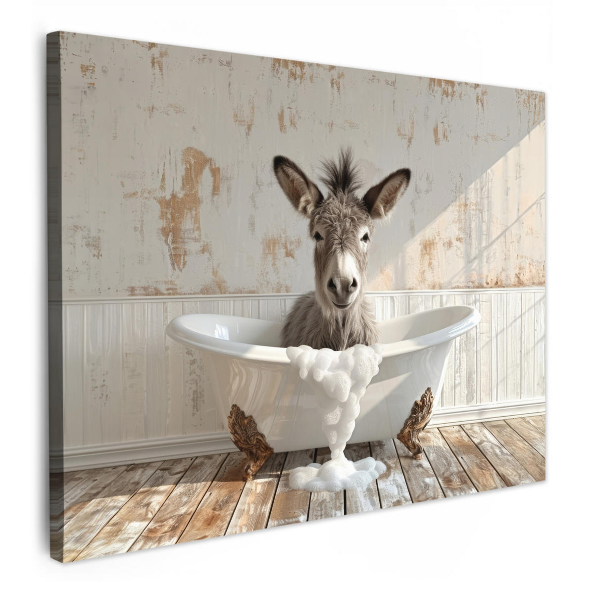 LEINWANDBILD Esel - Tiere - Badewanne - Schaumstoff Wandbilder 80x60 cm - Weiß, Textil (80/60cm) - MuchoWow