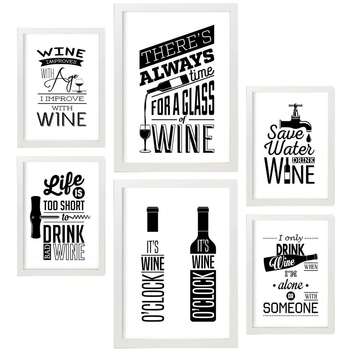 POSTER Set Mit 6 Weingetränk Größe A3 & A4 Weißer Rahmen - Weiß, Papier (29.7/1cm) - Nacnic