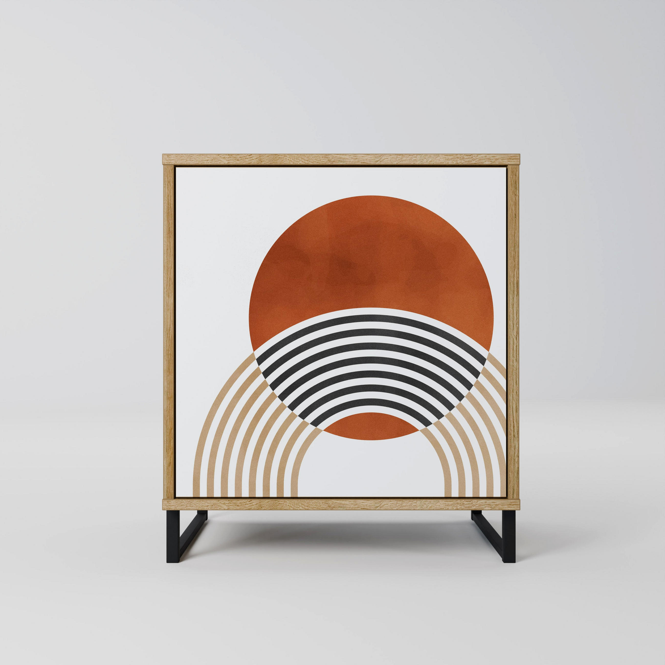 SIDEBOARD CIRCLE RHYTM, Eichefarben, 57,5x42x67,5 cm, Schwarze Metall-Rahmenfüße - Eichefarben/Multicolor, Holzwerkstoff/Metall (57.5/67.5/42cm) - SpaceRebels