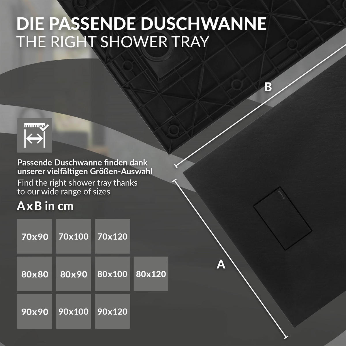 DUSCHWANNE 90x70 cm Schwarz mit Ablaufgarnitur aus SMC - Schwarz, Kunststoff (70/3/90cm) - LuxeBath