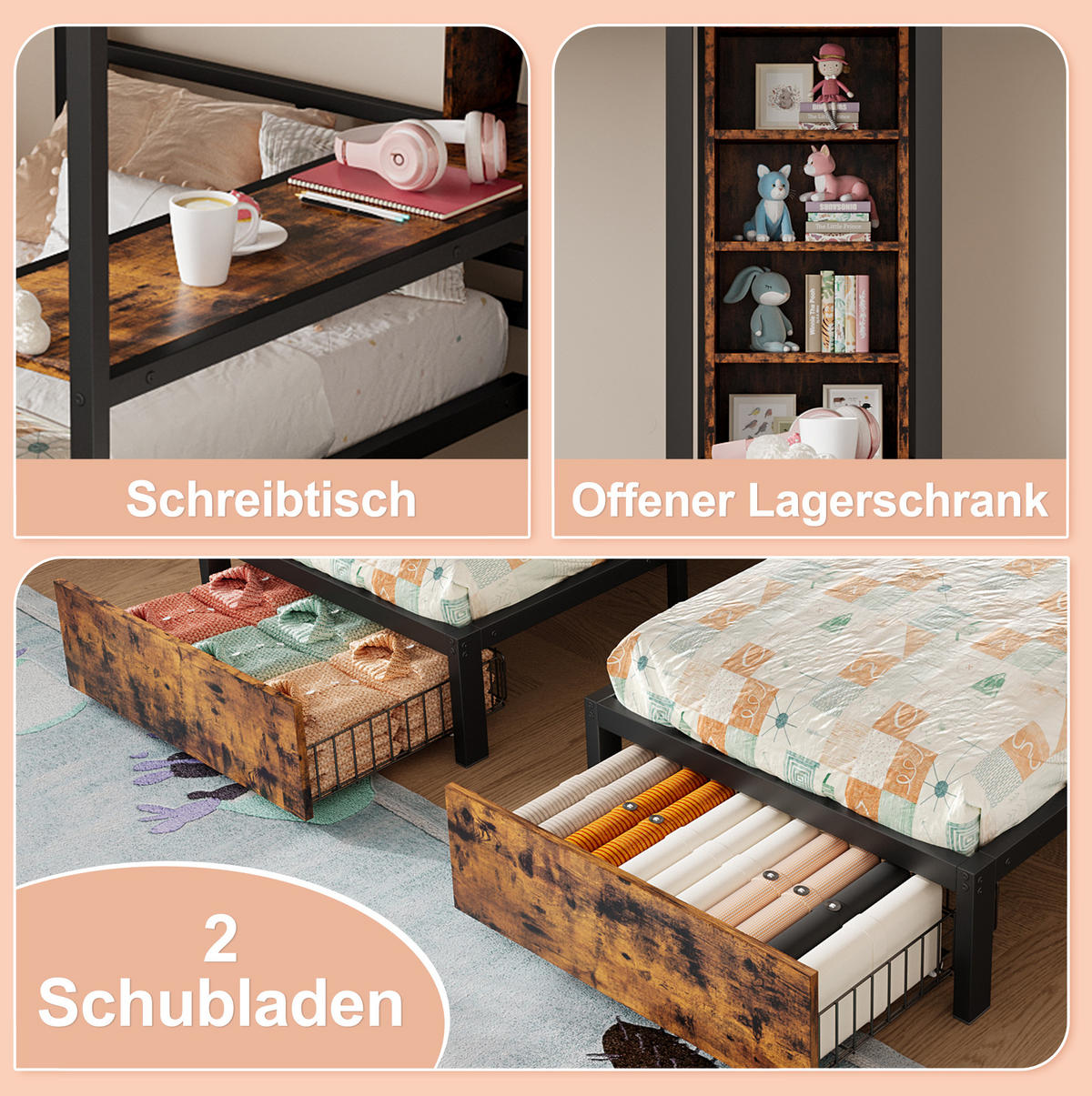 ETAGENBETT 140/200 cm + 90/200 cm in Schwarz mit 3 Schlafplätzen und Stauraum - Schwarz, Holzwerkstoff (140/200cm) - Flora Grace