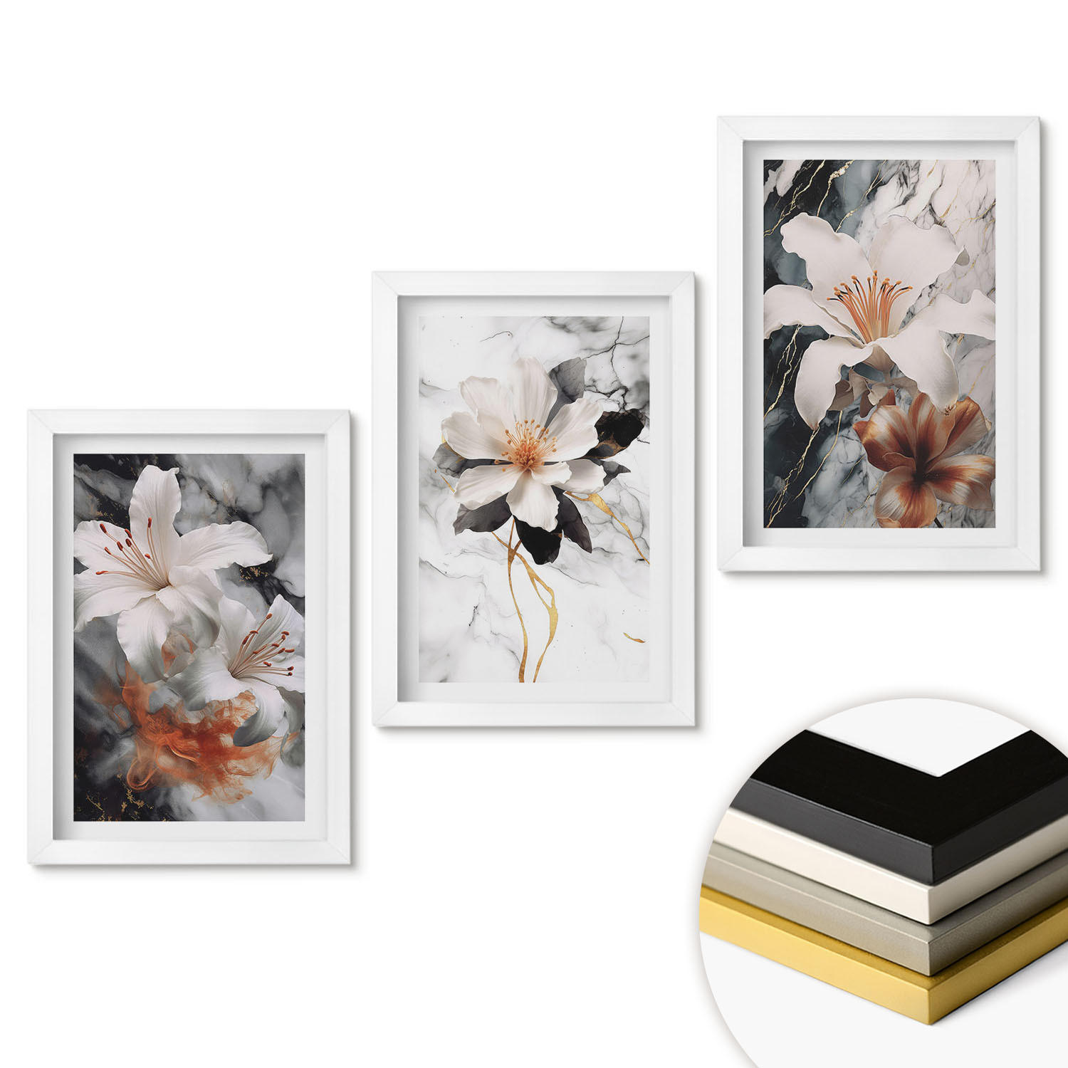 WANDBILDER 3er-Set - 20x30 cm Weißer Rahmen - Blumen Marmor weiß schwarz - Weiß, Kunststoff (20/30cm) - ArtPrintCave