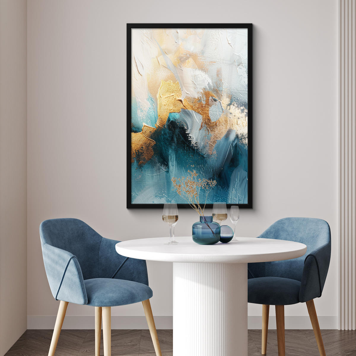 ZARÁMOVANÝ PLAGÁT Abstraktné - umenie - zlaté - modré 60x90 cm - petrolejová, papier (60/90cm) - MuchoWow