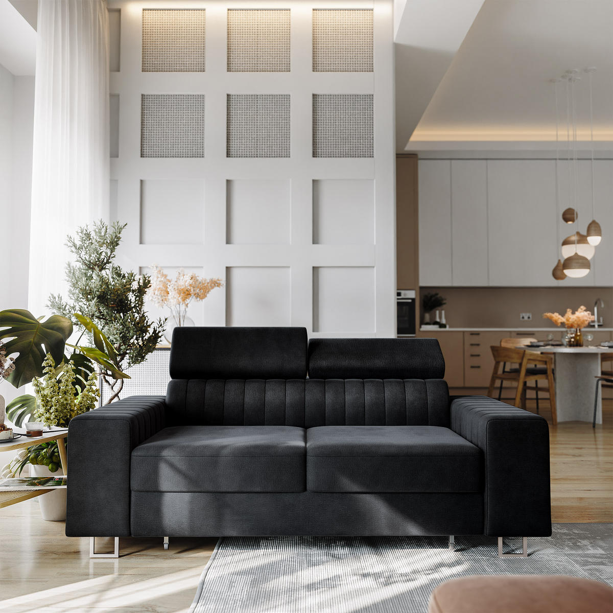 BETTSOFA SOLAN Schwarz Velours-Stoff mit Schlaffunktion - Schwarz, Holz/Textil (194/88/90cm) - MASSENO