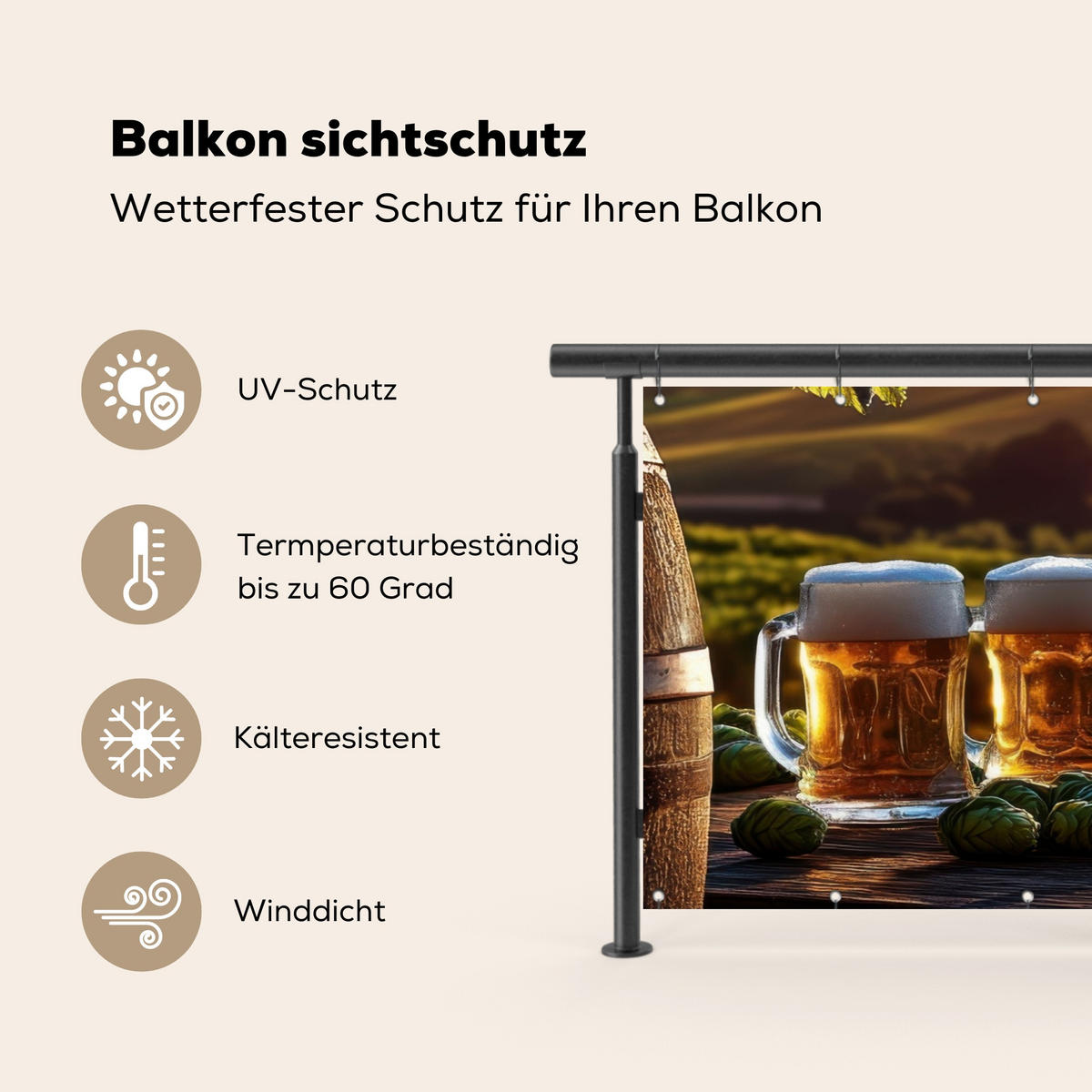 BALKON-SICHTSCHUTZ Bier - Hopfen - Landschaft - Grün, Kunststoff (200/90cm) - MuchoWow