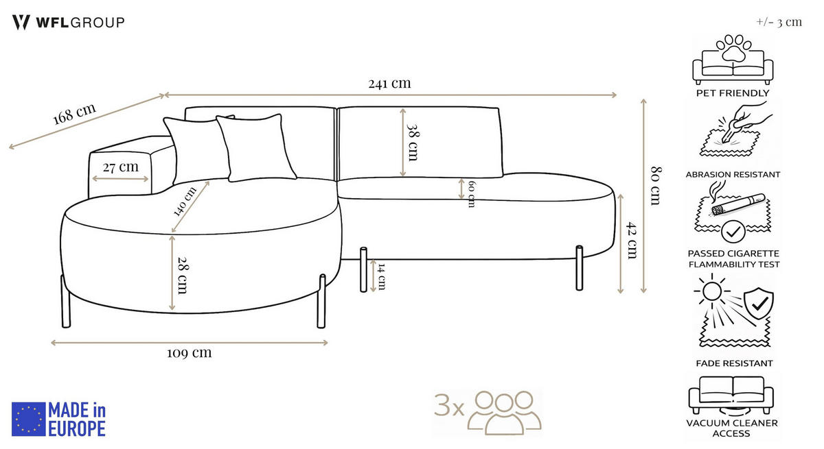 ECKSOFA Hana Loft 3-Sitzer Ecke Links, Cordstoff Chenille, Grau 241/80/168 cm - Schwarz/Grau, Textil/Metall (241/168cm) - WFL GROUP
