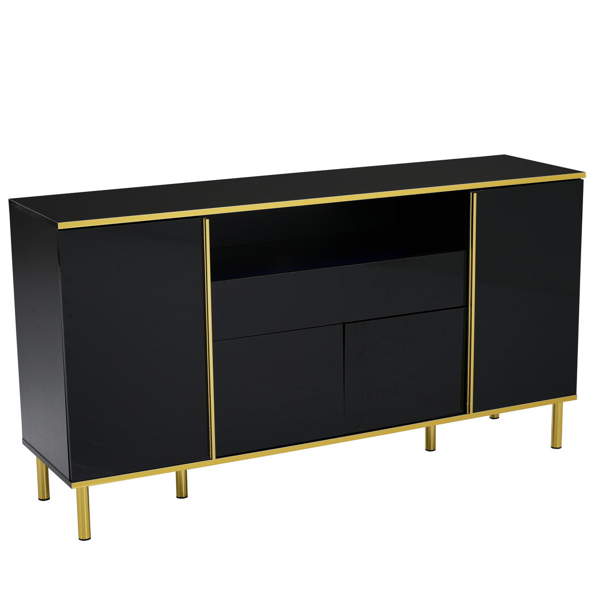 SIDEBOARD in Hochglanz Schwarz mit goldenen Akzenten, 4 Türen, 1 Schublade und LED-Beleuchtung, 150/40/80 cm, Schwarz - Schwarz, Holzwerkstoff (150/80/40cm) - Redom