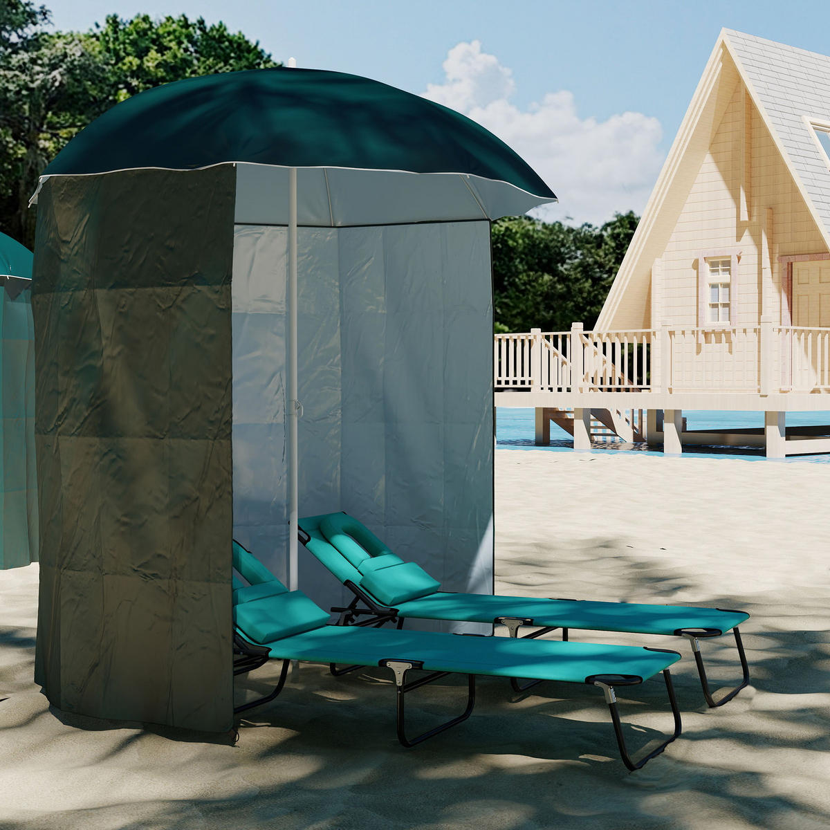 SONNENSCHIRM DE-05555 Mit Seitenwand, Strandschirm Dunkelgrün - Dunkelgrün, Textil/Metall (220/220cm) - ComfortXL