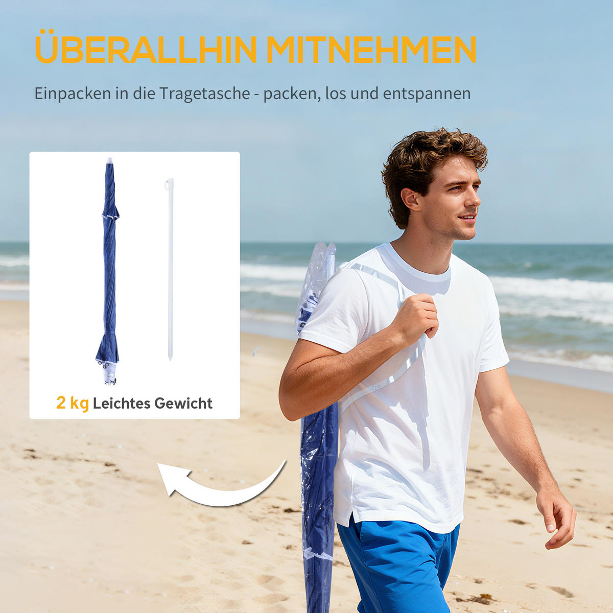 2 in 1 Strandschirm Sonnenschirm Strandmuschel Windschutz 210cm - Blau, Metall (210/210cm) - Outsunny