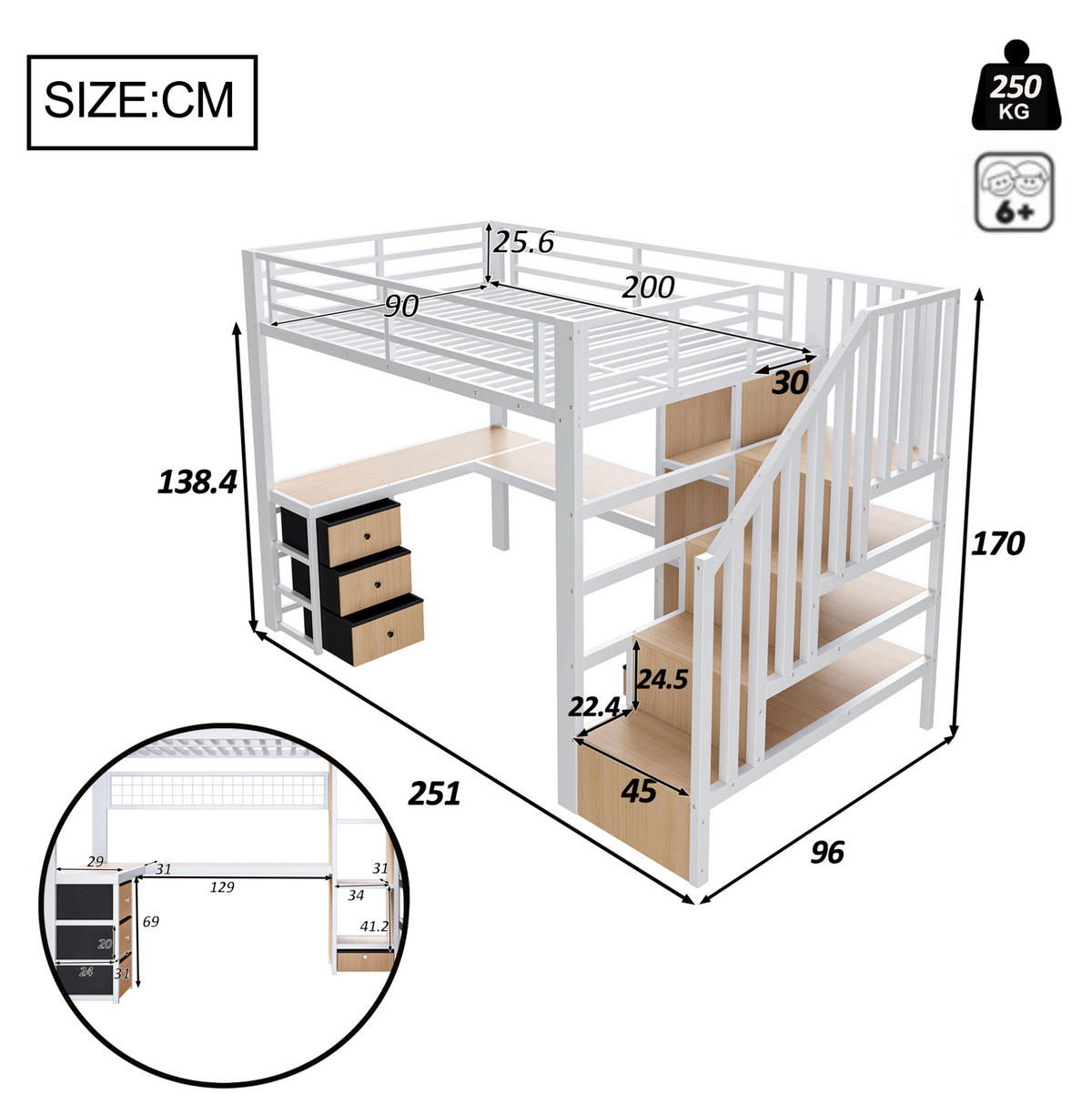 HOCHBETT 90/200 cm mit LED-Beleuchtung, Schreibtisch, Stauraumtreppe und 4 Schubladen, Metall/MDF, Weiß - Weiß, Metall (90/200cm) - Redom
