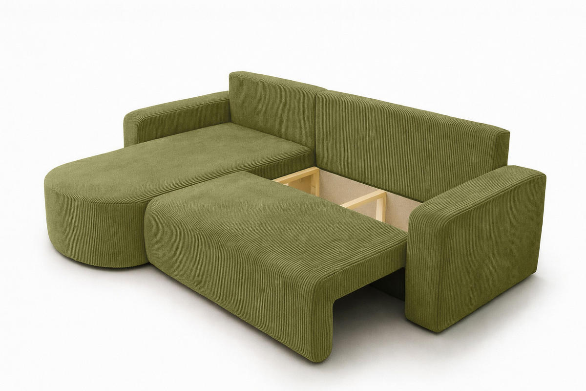 ECKSOFA Mit Schlaffunktion, Cordstoff Poso, Olive, Links, ROUND ONE XL - Olivgrün, Holz (271/175cm) - Kaiser Möbel