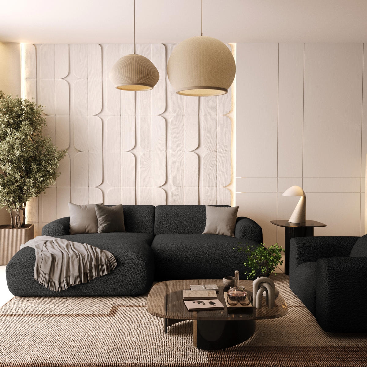 ECKSOFA LINKS Bouclé-Stoff Dunkles Anthrazit 266cm - Anthrazit, Textil (165/266cm) - Sia Home