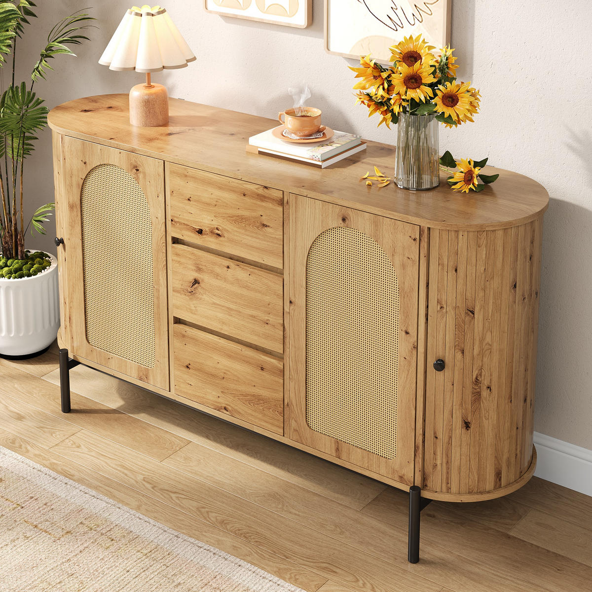 SIDEBOARD oval Rattan Holzoptik - Naturfarben, Holzwerkstoff (140/77.5/38cm)