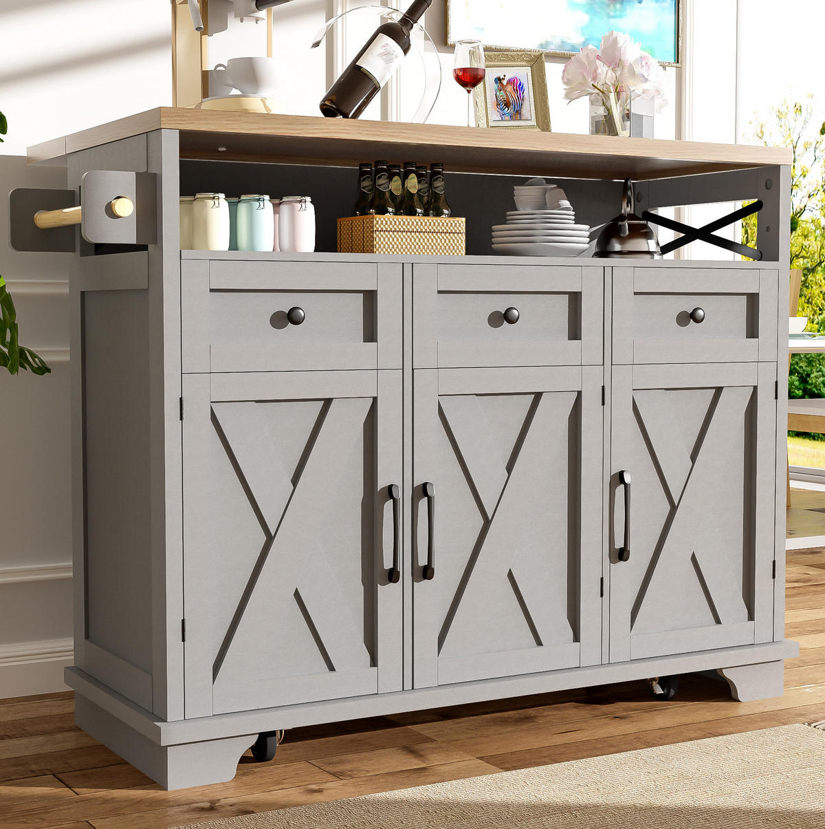 KUECHENINSEL mit Klappseite 118 x 43-80 x 98 cm Grau - Grau, Metall (43/98/118cm) - Beauniv